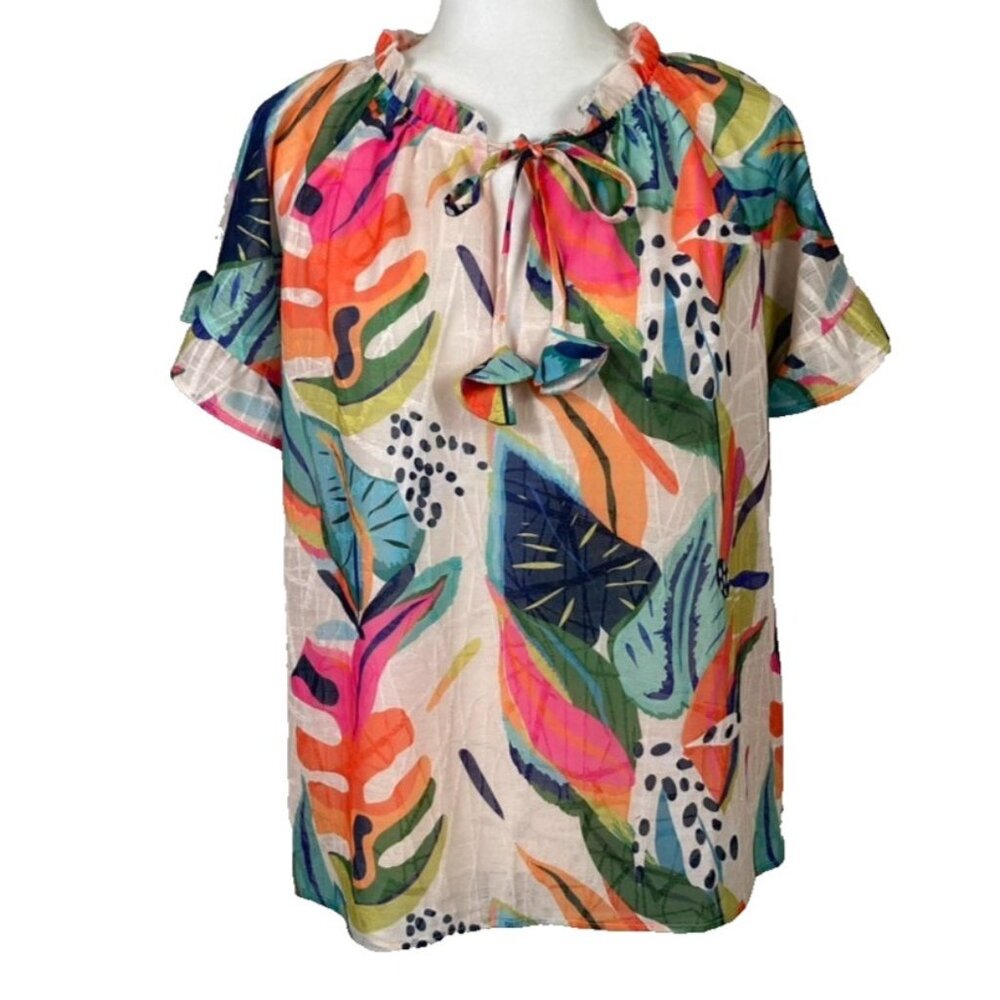Umgee Top Size M Abstract Multicolor Print Boho Art to Wear Short Ruffle Sleeve